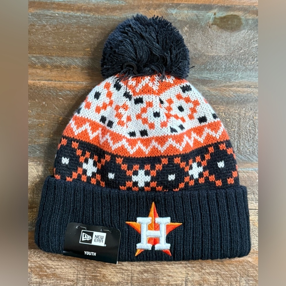 Ⓜ️New Era Youth Houston Astros Knit Pom Beanie Navy/Orange NWT